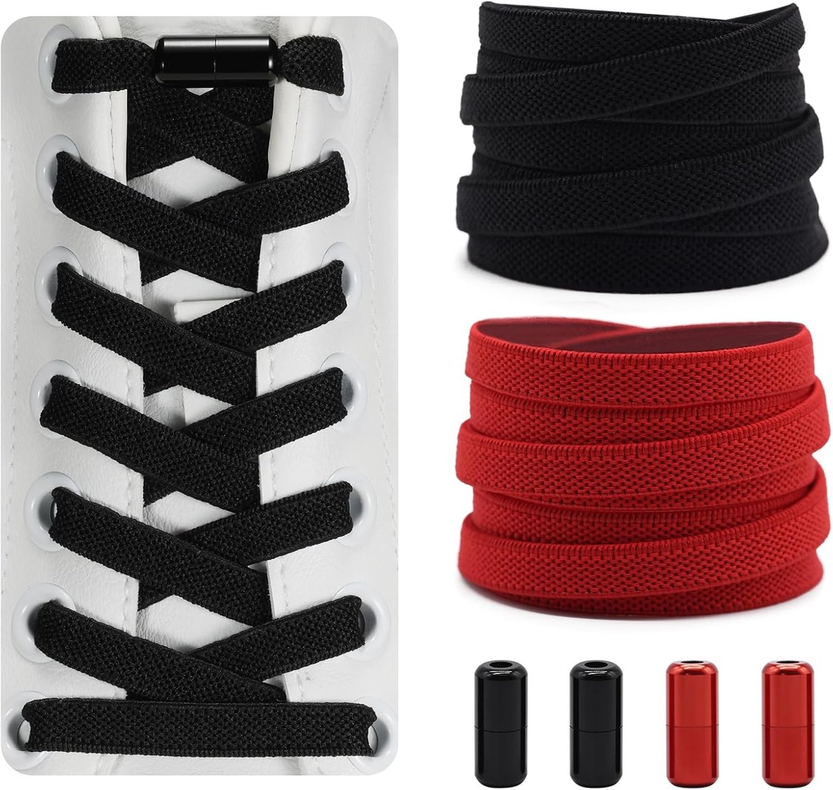 Schoenveters voor Kinderen, Volwassenen Schoenen - 2 Paar Rubberen Schoenveters, Plat, met Metalen Capsule