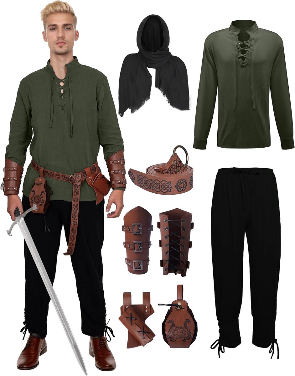 kleding voor heren, 7 stuks, renaissance-kostuumset, middeleeuws Viking-kostuum met piratenhemd, lange broek, riem, polsband