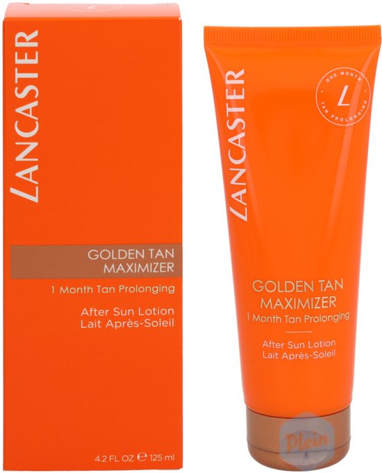 Lancaster Golden Tan Maximizer after sun lotion in een oranje tube en doos, met witte tekst.