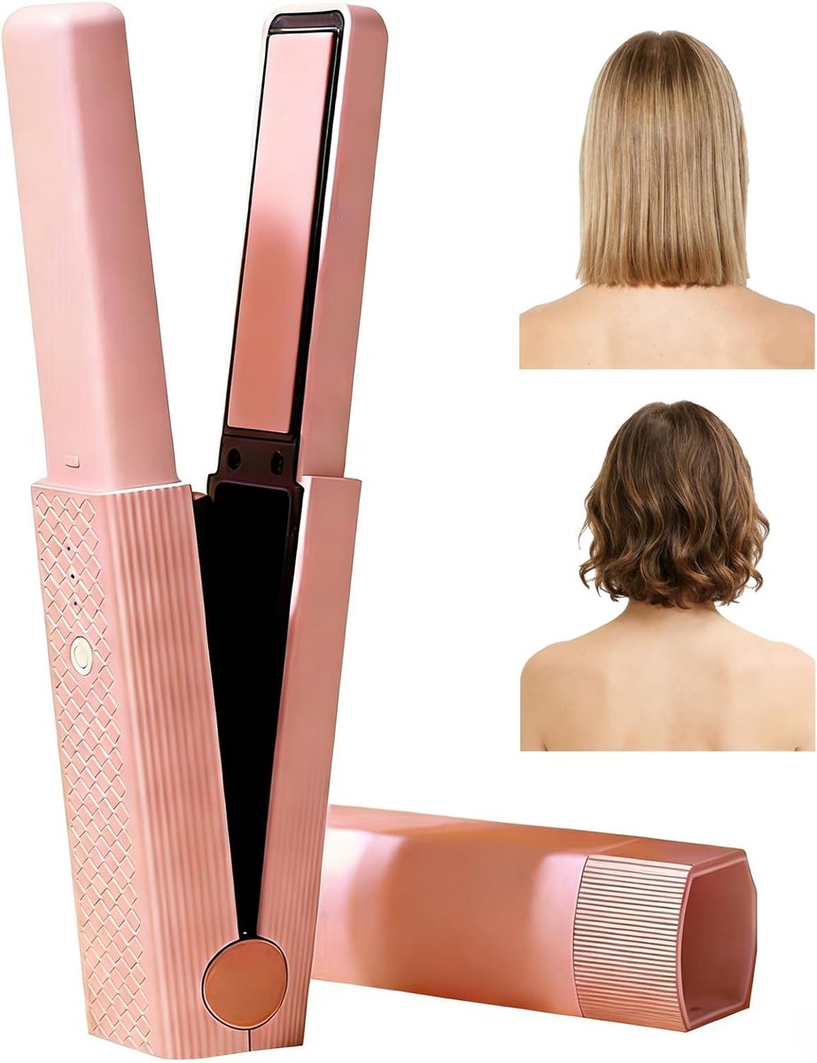 Draadloze mini-stijltang, 2-in-1 krullen en stijlen, draagbare reisstijltang met 3 temperatuurstanden 160-200 °C, snel opwarmen, voor kort haar en alle haartypes, groen (roze)