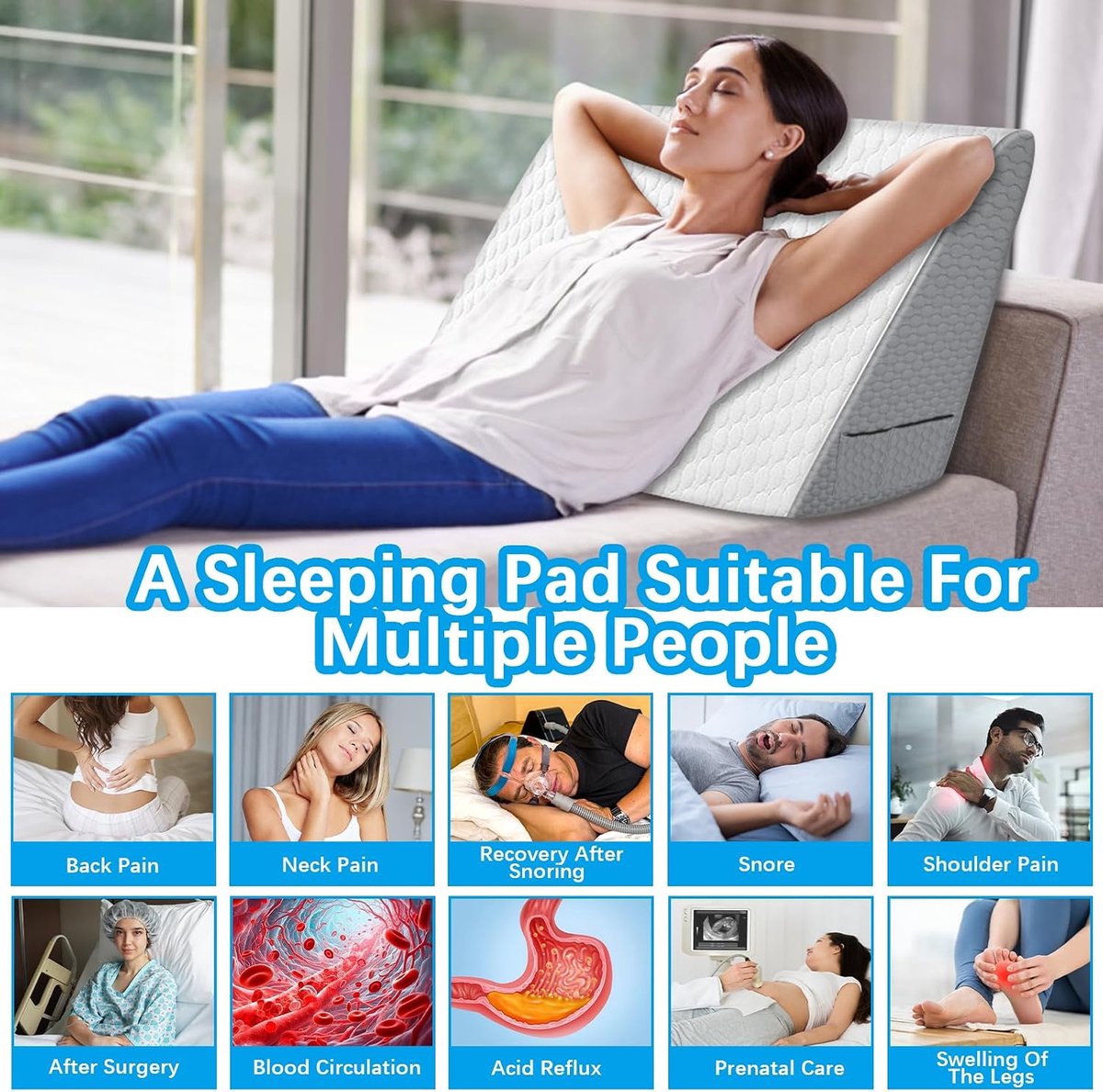 Wigkussen voor bed en bank, ergonomisch hoofdkussen, traagschuim, leeskussen voor reflux, slaapapneu, zeer dicht schuimkussen, voor rugondersteuning bij het spelen, lezen of televisie kijken