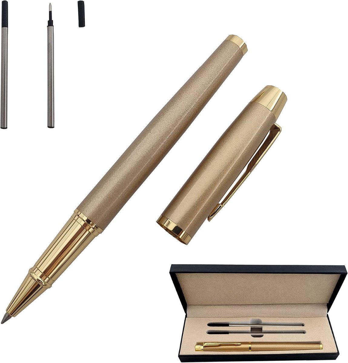 handtekening Pen Kantoor Rollerball Pen Zwarte Inkt Balpen Leuke Gift Pen voor Familie, Klasgenoot en Collega 0,5 mm Vervangbare Vullingen - Geschenkdoos (Goud)