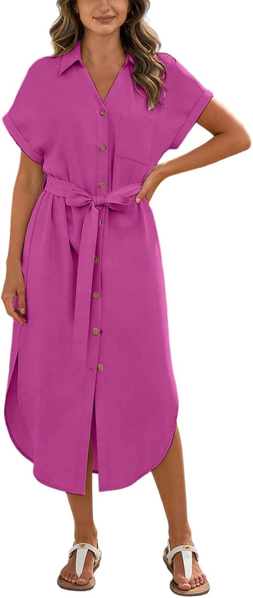 Generisch Blusenkleid Damen Lang, Sommerkleid Damen Lang Kurzarm V-Ausschnitt Blusenkleid Button Down Baumwolle Hemdblusenkleid Lässig Hemdkleid mit Gürtel und Tasche Leinenkleider
