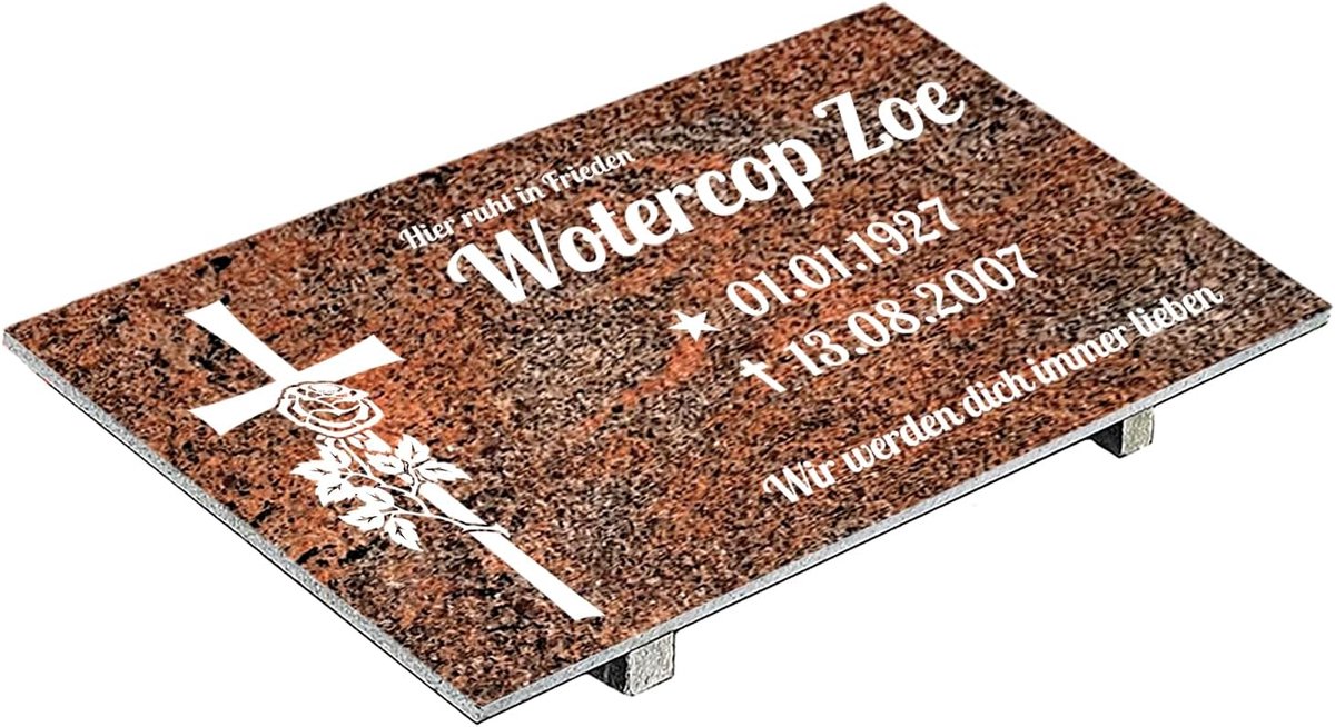 Grabplatte mit Inschrift aus Granit Multicolor Rot, personalisierbar Gedenktafel für Urnengrab, Wählmotiv, Grabstein für 1-2 Pers., Urnengrabstein (Multicolor Rot, 30x60cm mit Stützen, Kreuz)