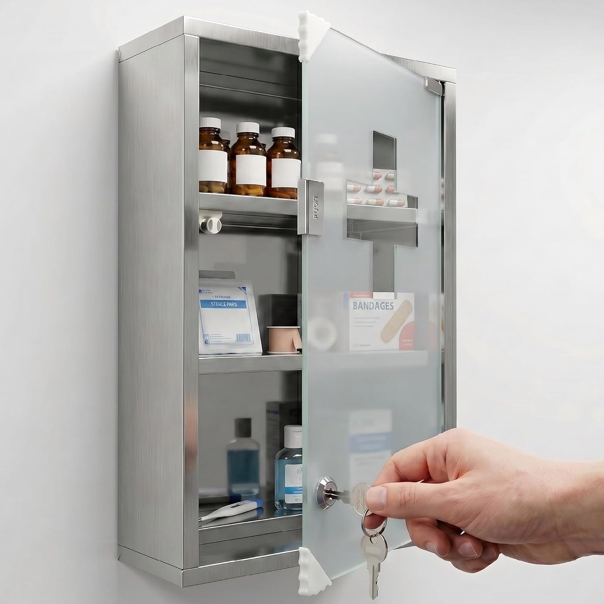 Medicijnkast Apothekerskast met glazen deur, afsluitbaar inclusief 2 sleutels, Hangende medicijnkast van roestvrij staal, 3 vakken, totale hoogte 50 cm