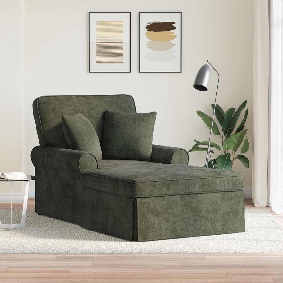 Chaiselongue groen, polyester, afneembaar kussen, armleuningen, 157 x 91 x 91 cm, voor woonkamer, ontspanning, stijlvolle inrichting