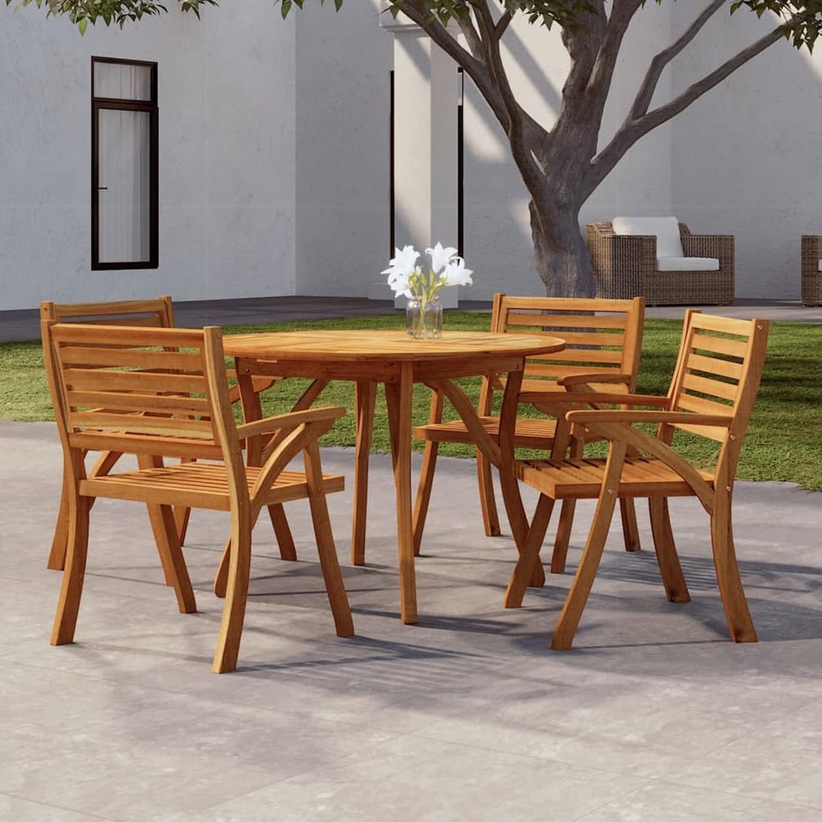 Tuintafel van massief acaciahout, diameter 110 cm, tuinmeubelen, voor buiten, balkon, terras, patio, type 1