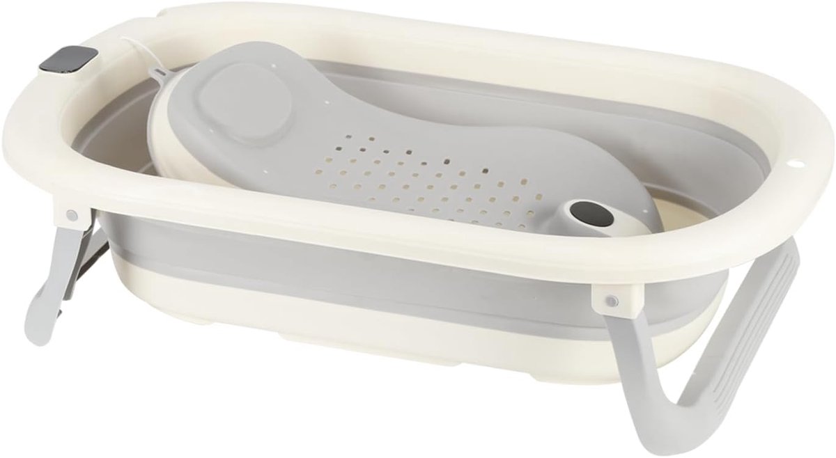 Badkuip voor baby's, met afvoerstop en temperatuurweergave en zitkussen, zeer compact, antislip voeten, B-43 x 71 x 18,5 cm (grijs)