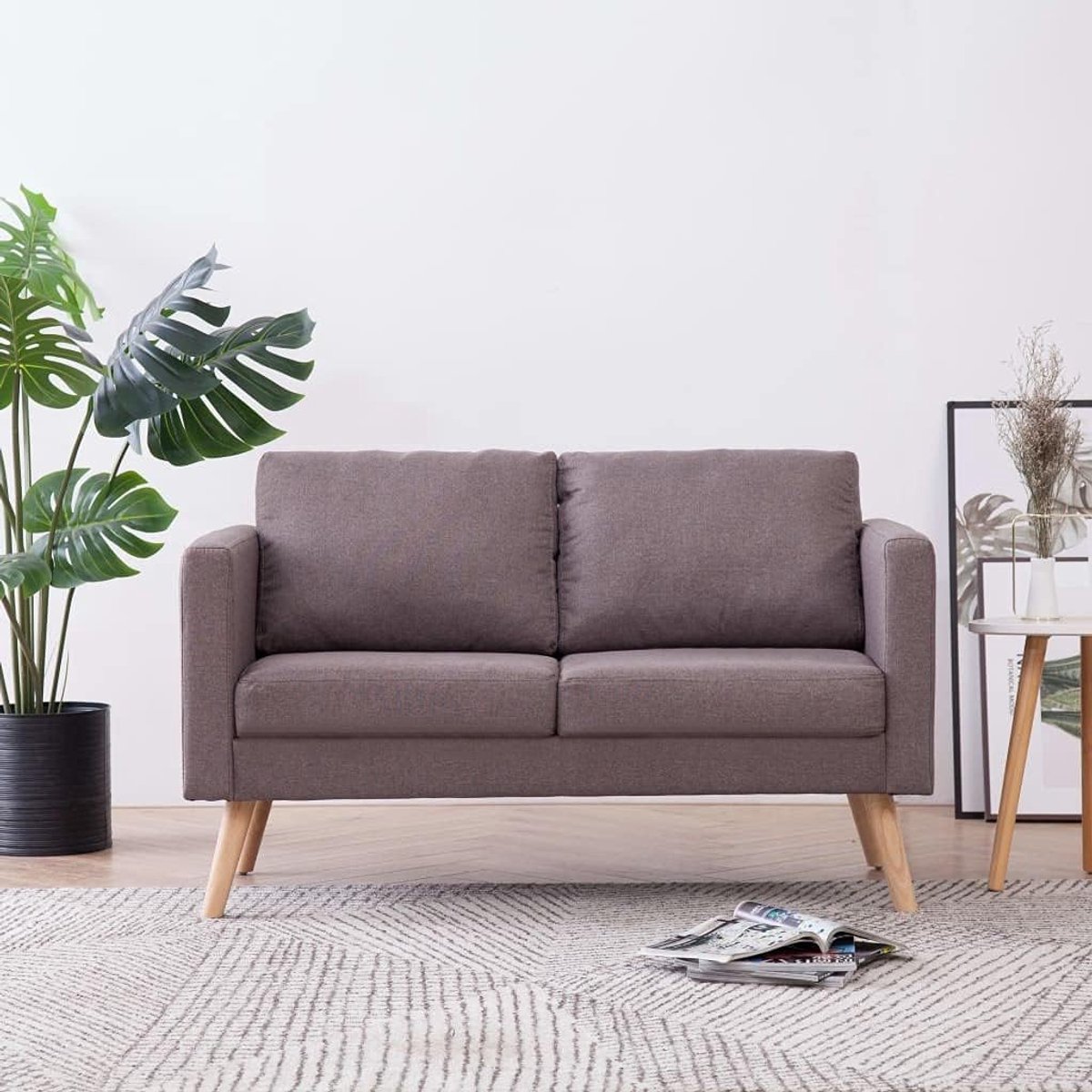 2-zitsbank lounge sofa | kleine stoffen sofa gestoffeerde sofa | moderne bank met houten frame + stoffen bekleding | voor woonkamer slaapkamer | taupe