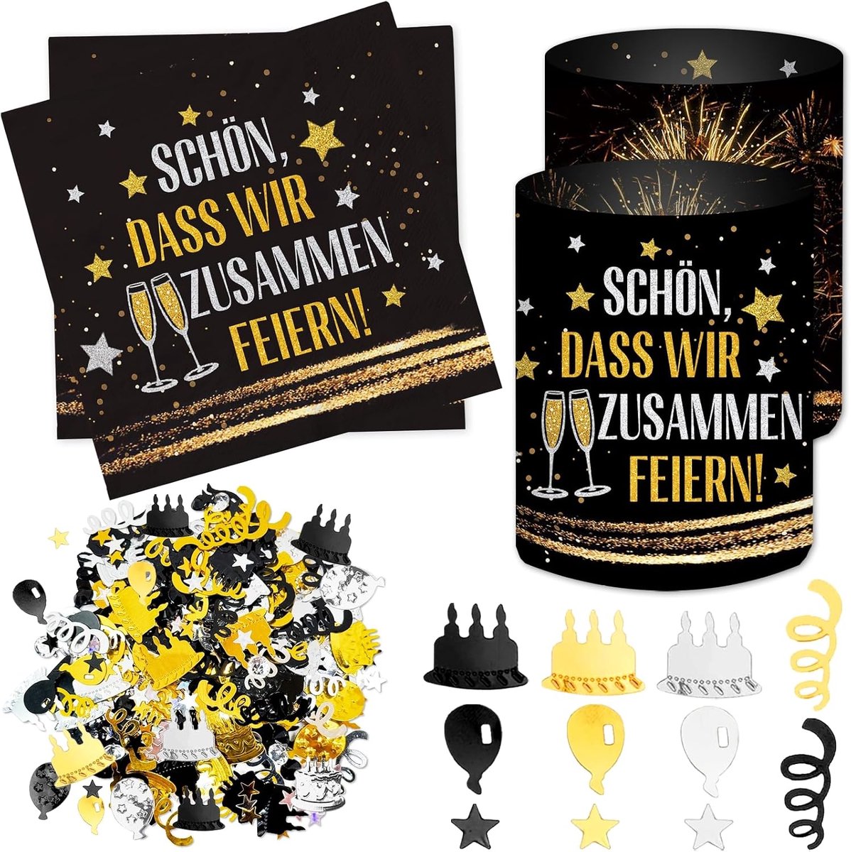 12 Windlicht tafeldecoratie + 20 stuks servetten Mooi DAT We Samen Vieren + 500 confetti, verjaardagsdecoratie man vrouwen, oudejaarsdecoratie 2026, oudejaarsfeestdecoratie, gelukkig nieuwjaar