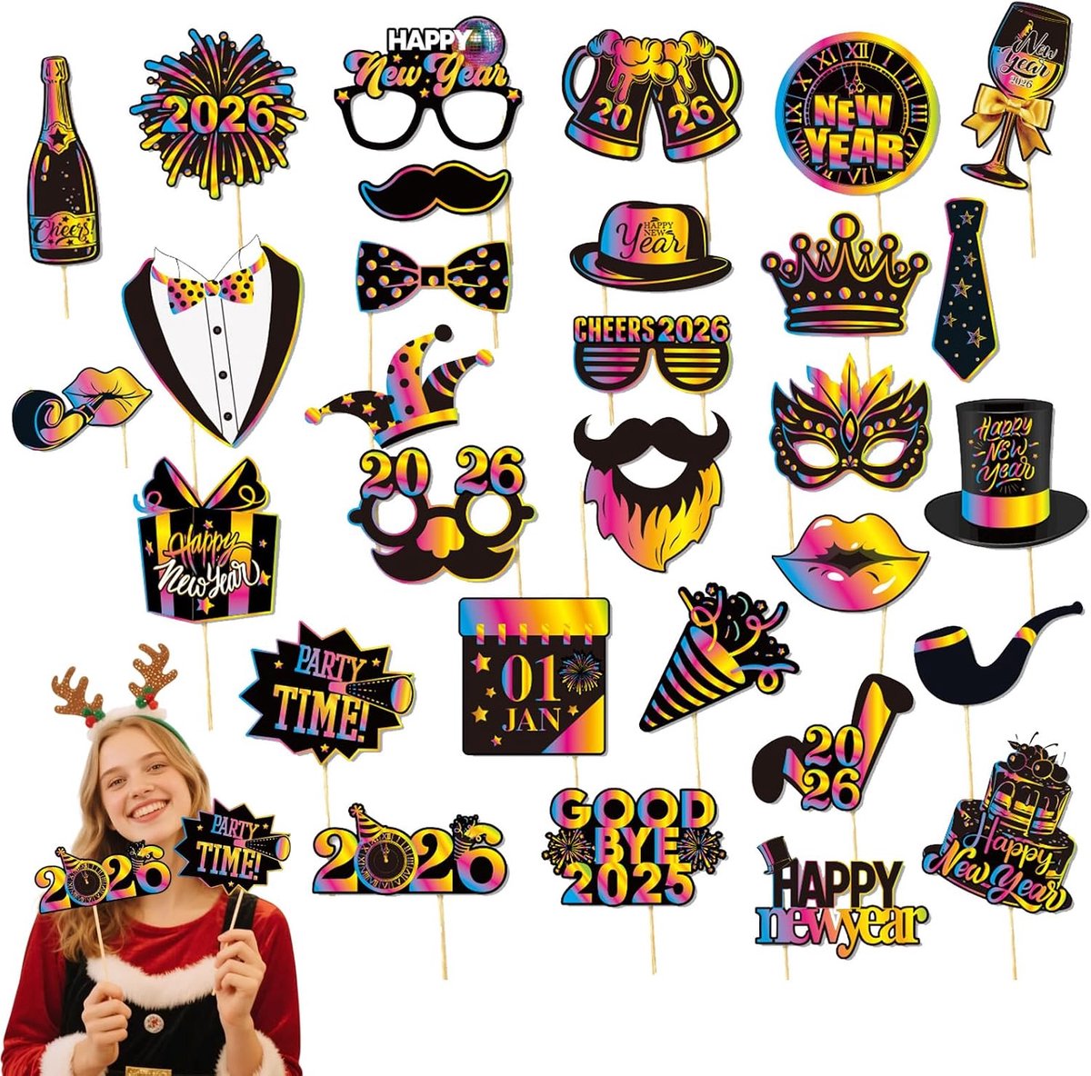 2026 Nieuwjaarsfeest Fotocabine Set – 30 Stuks, Leuk en Creatief Fotomateriaal, Ideaal voor Feesten, Familie- en Vriendenbijeenkomsten, Herbruikbare Fotodeco voor het Nieuwe Jaar
