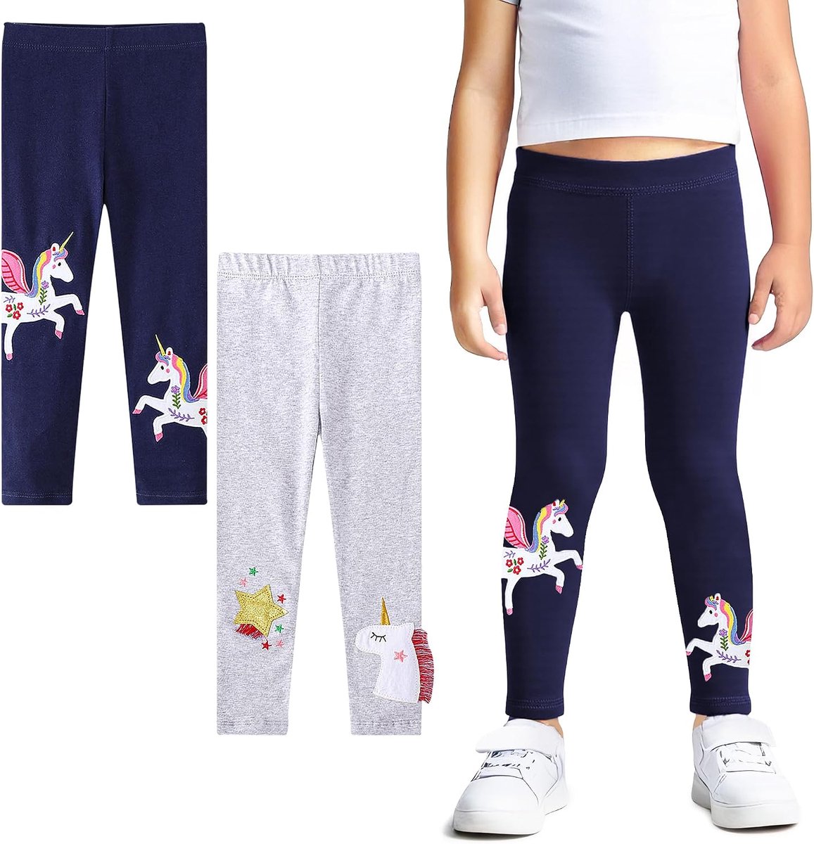 Leggings Meisjes Kinder Katoenen Stretch Broek 2-Pack Printed Pailletten Legging Lengte Broek Veelkleurig Appliqued Gym Broek Casual School Lente Herfst Activewear Voor Kinderen Maat 92-122