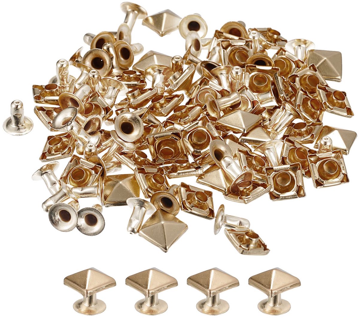 100 Sets Vierkante Piramide Nieten - Metalen DIY Nieten voor Leerbewerking Kleding Riemen Tassen Schoenen - Lichtgoud 7 mm