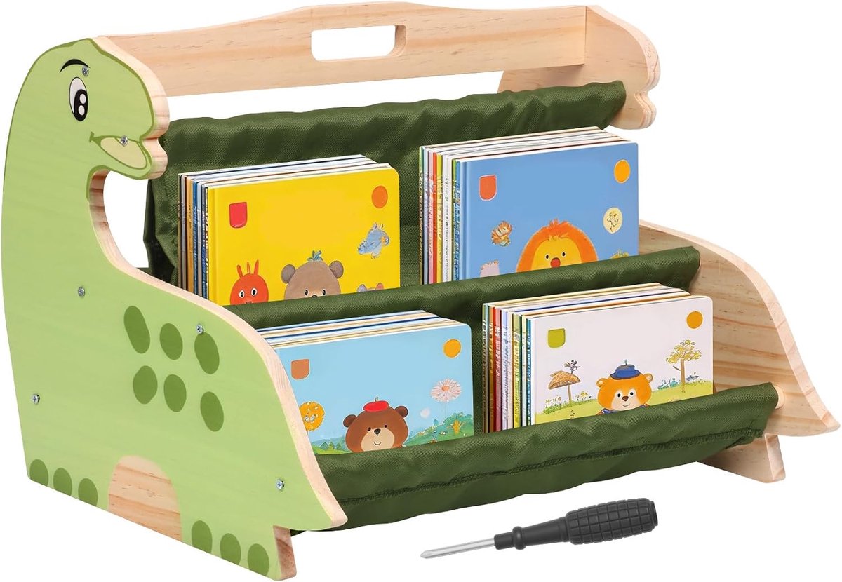 Boekenkast voor kinderen, dubbelzijdig houten rek met robuuste canvas vakken, draagbare boekenplanken voor kinderkamer, speelkamer en kleuterschool (groen)