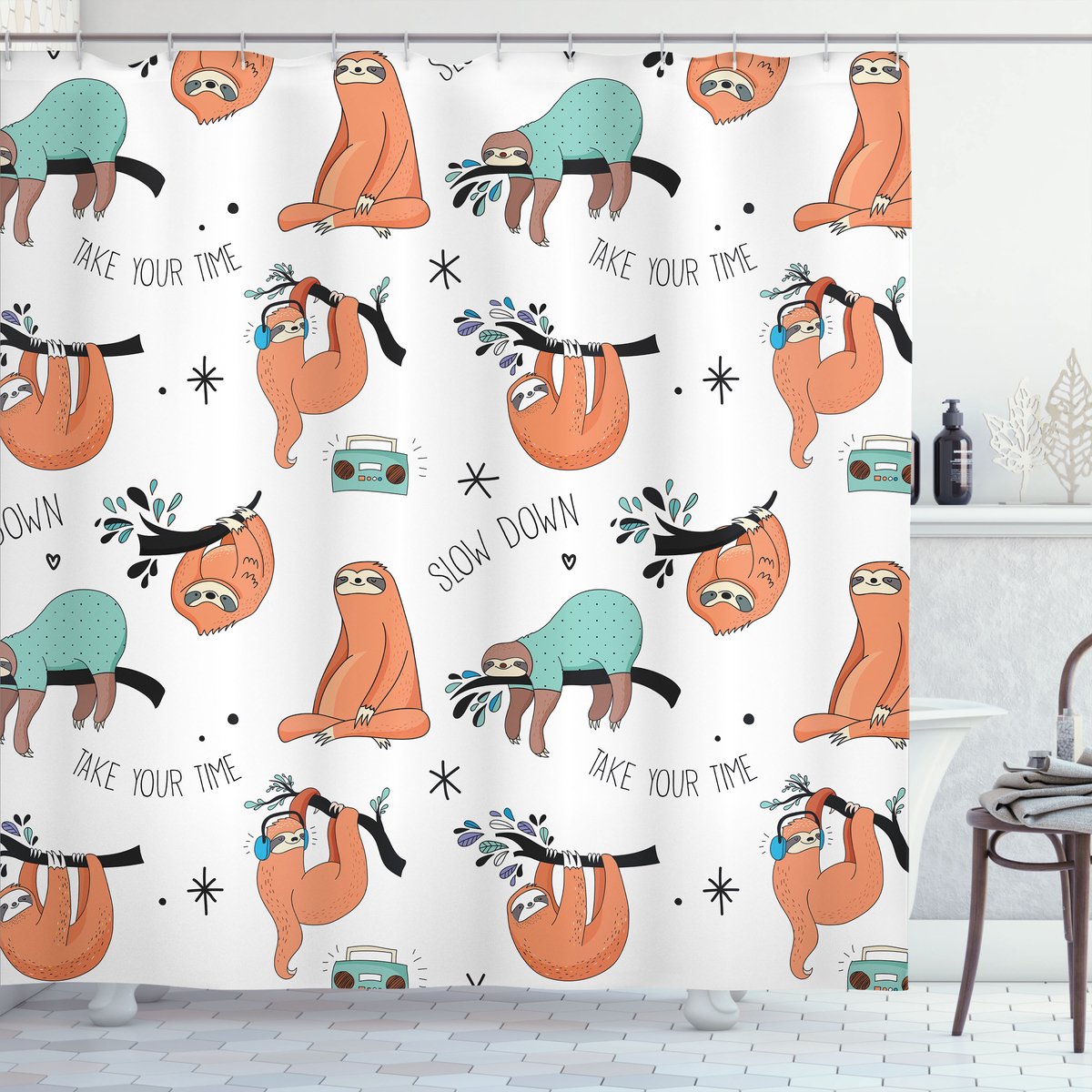 ABAKUHAUS Luiaard Douchegordijn, Faultiere op Branchen, Stoffen Badkamerdecoratieset met Haken, 175 x 180 cm, Lichtblauw Oranje Zwart