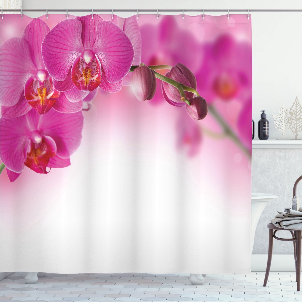 ABAKUHAUS Orchidee Douchegordijn, Exotische Orchidee Feng Shui, Stoffen Badkamerdecoratieset met Haken, 175 x 180 cm, Meerkleurig