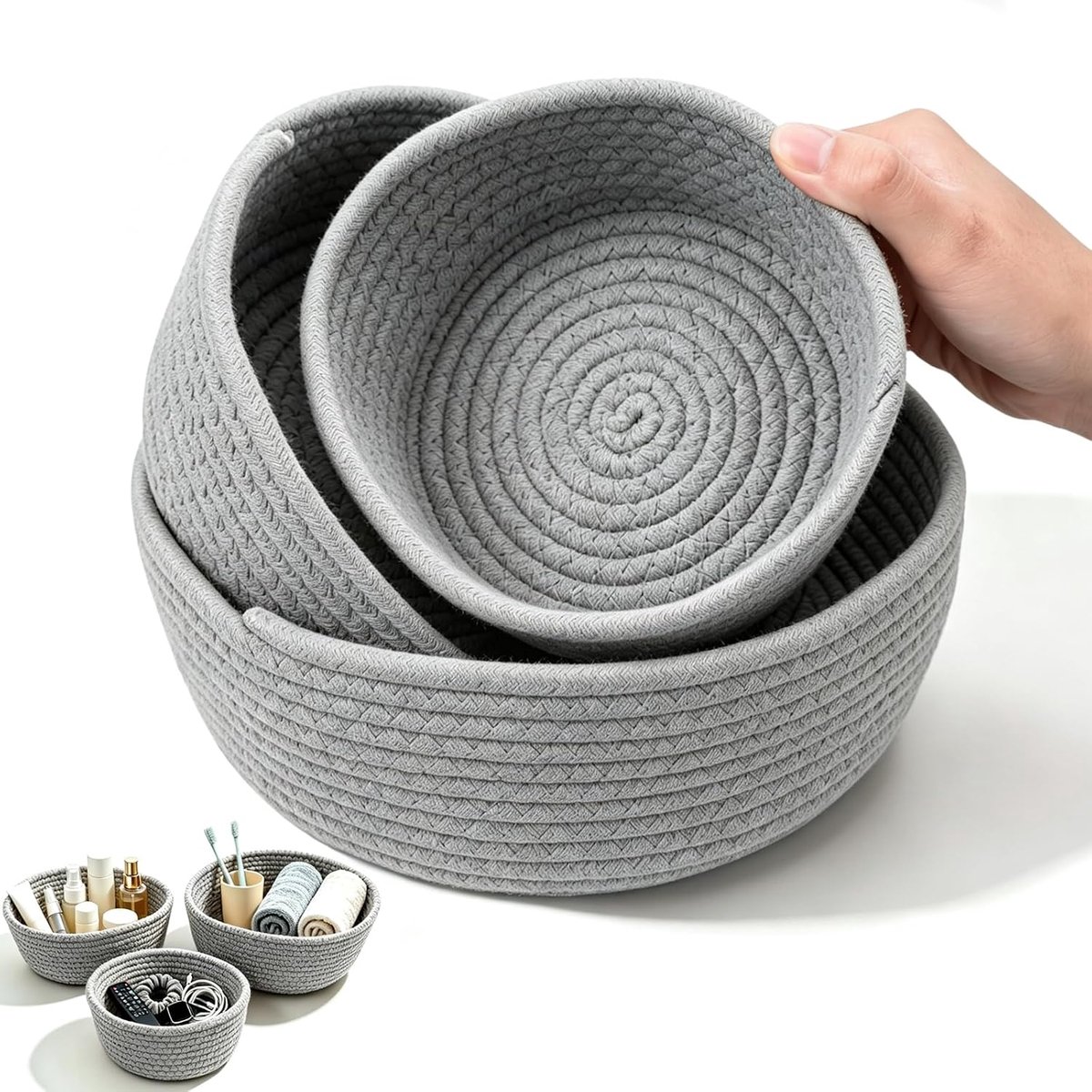 Set van 3 opbergmanden, gevlochten grijs katoenen touw, opbergmanden, stapelbaar, zacht, stabiel, voor slaapkamer, woonkamer, badkamer, rek, decoratie, opslag (3 maten)
