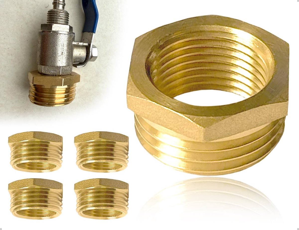 Verloopstuk van messing, adapter van 1/2 naar 3/8 inch, mannelijk/vrouwelijk, schroefdraadaansluiting voor waterslangen, voor het omzetten van buisverbindingen, 4 stuks