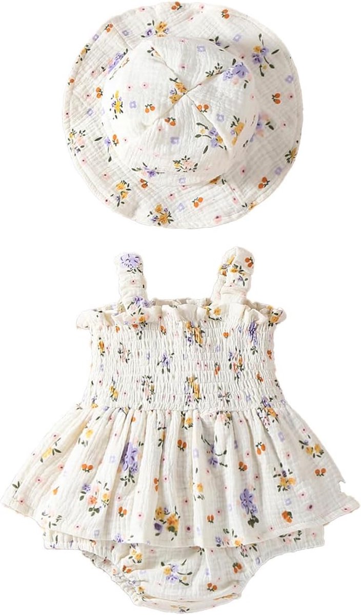 Zomerjurk voor babymeisjes, outfit hart/bloemenpatroon, boho, katoen-linnen jurk en hoed voor pasgeborenen, fotoshoot, outfits voor vroegtijdige peuters