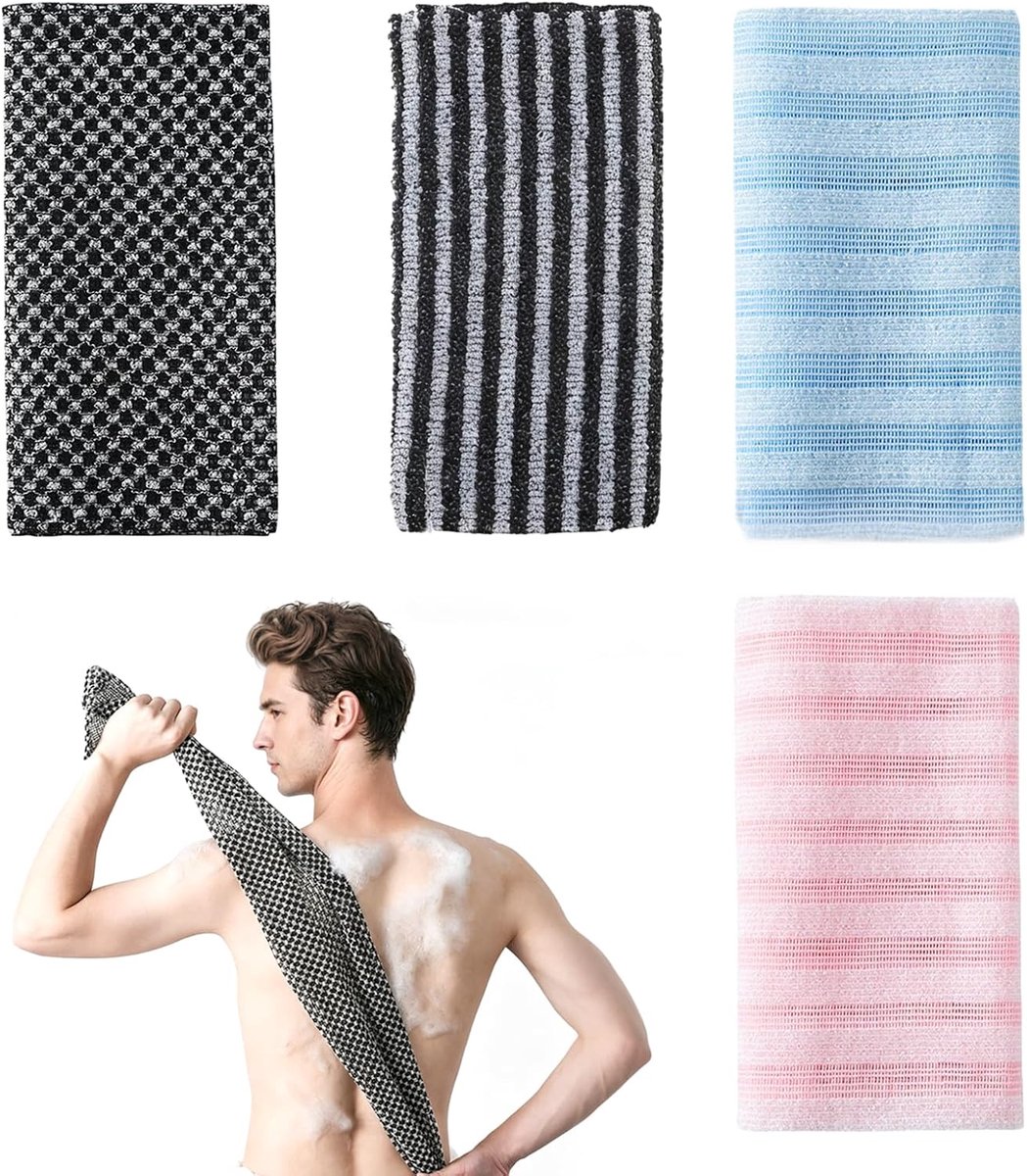 peeling-badhanddoek, 4 stuks, extra lange peeling-washandjes, rugrugborstel, lichaamsschrobber voor mannen en vrouwen, badaccessoires reiniging