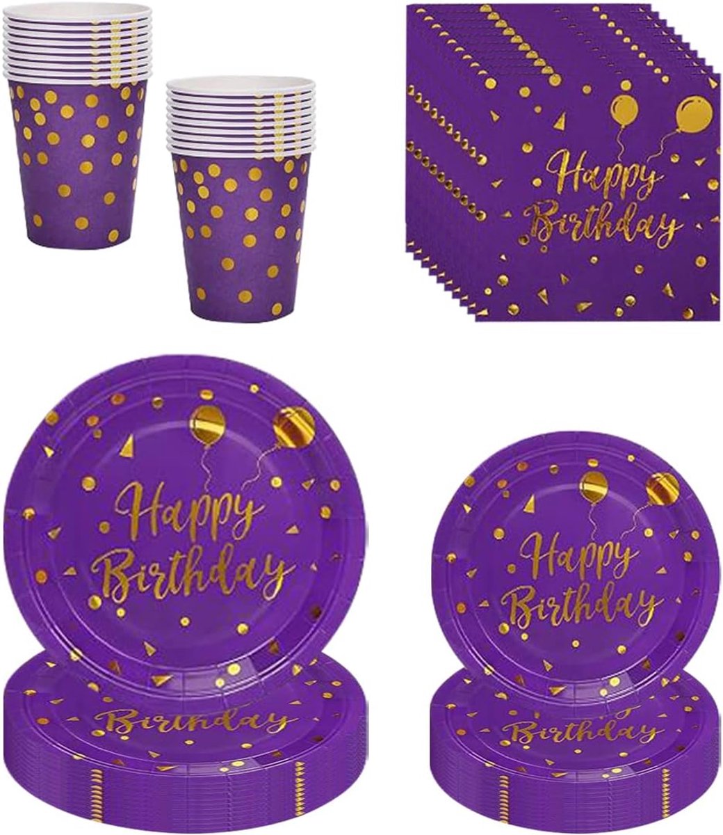 Gerechten gemaakt van paars goud, lilagold feestharnas, paarse en gouden feestgerechten, papiergerechten set - tafelkleed borden plaatbekers voor bruiloft verjaardag 16 gasten