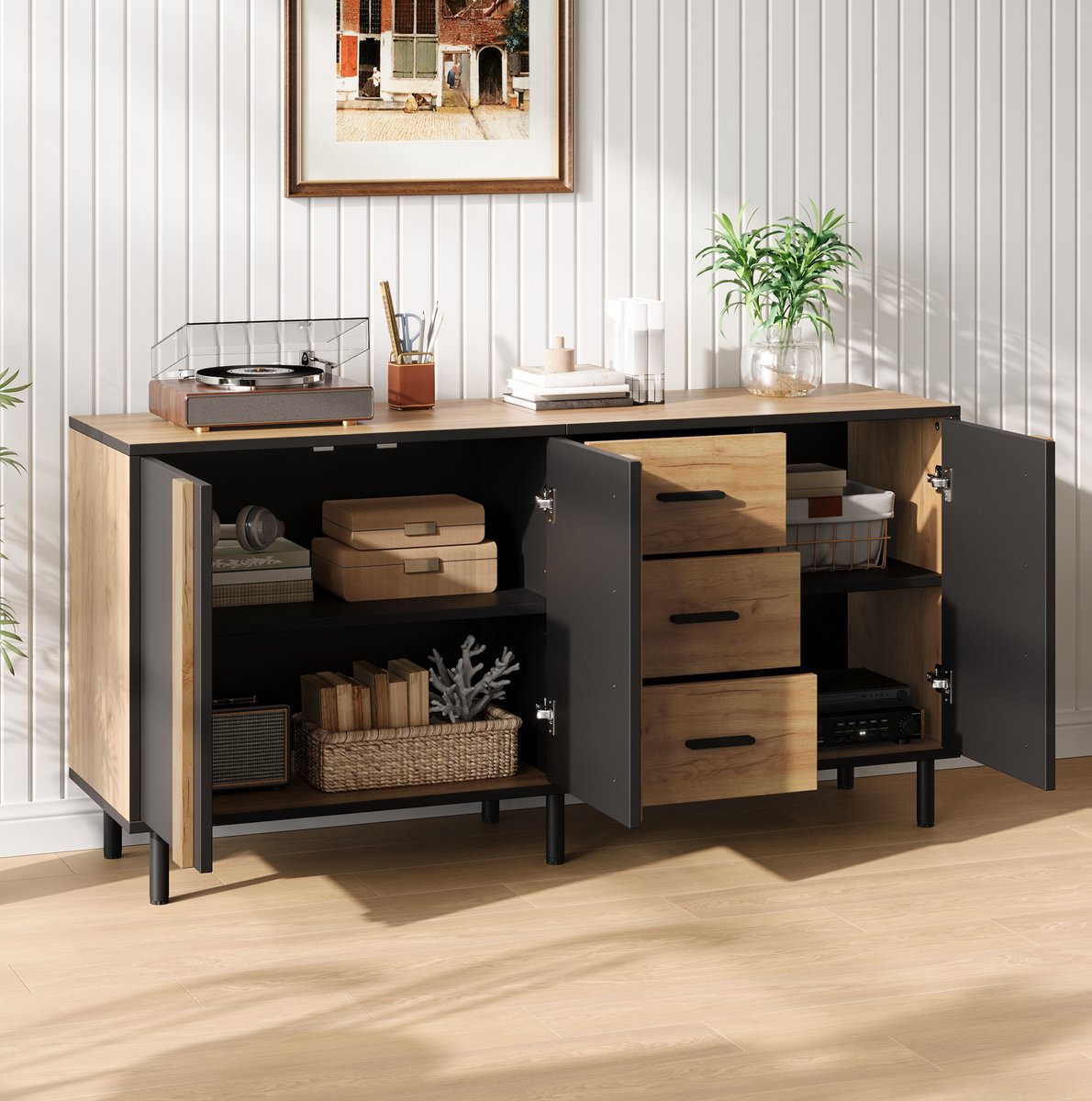 FloraGrace Dressoir - 3 Deuren En 3 Laden - Opbergruimte Voor Woonkamer Eetkamer En Hal - MDF - 140x35x70 Cm - Zwart En Houtkleur