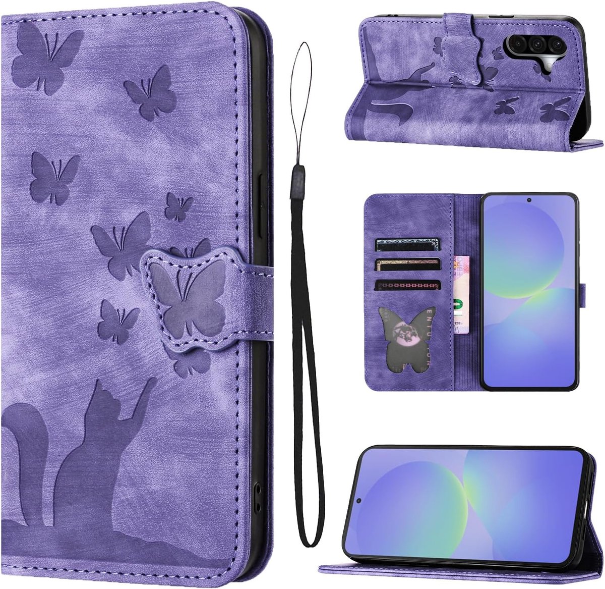 Telefoonhoesje voor Samsung Galaxy A37, hoogwaardig PU-leer, vlinderhoesje, kattenbeschermhoesje met kaartsleuven, opvouwbaar klaphoesje met standfunctie voor Samsung Galaxy A37, paars