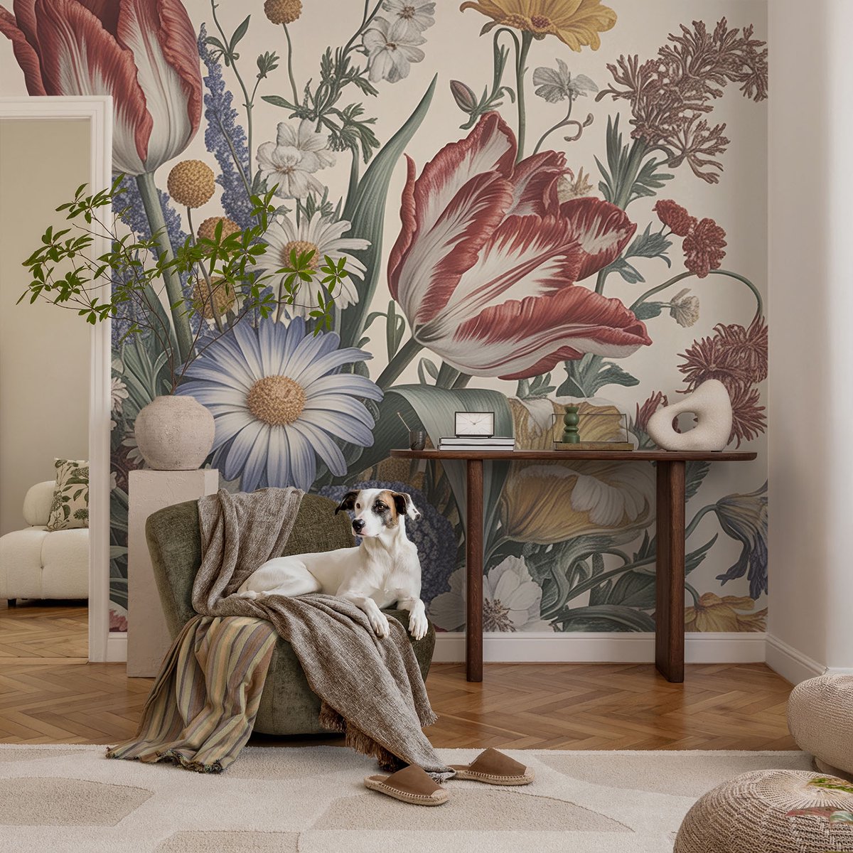 Coloray Vliesbehang - Beige Snellijm Behang - 250x104 cm - Bloemenboeket Muurschildering - Slaapkamer behang Bloemen En Planten - Fotobehang Vlies - Gang behang