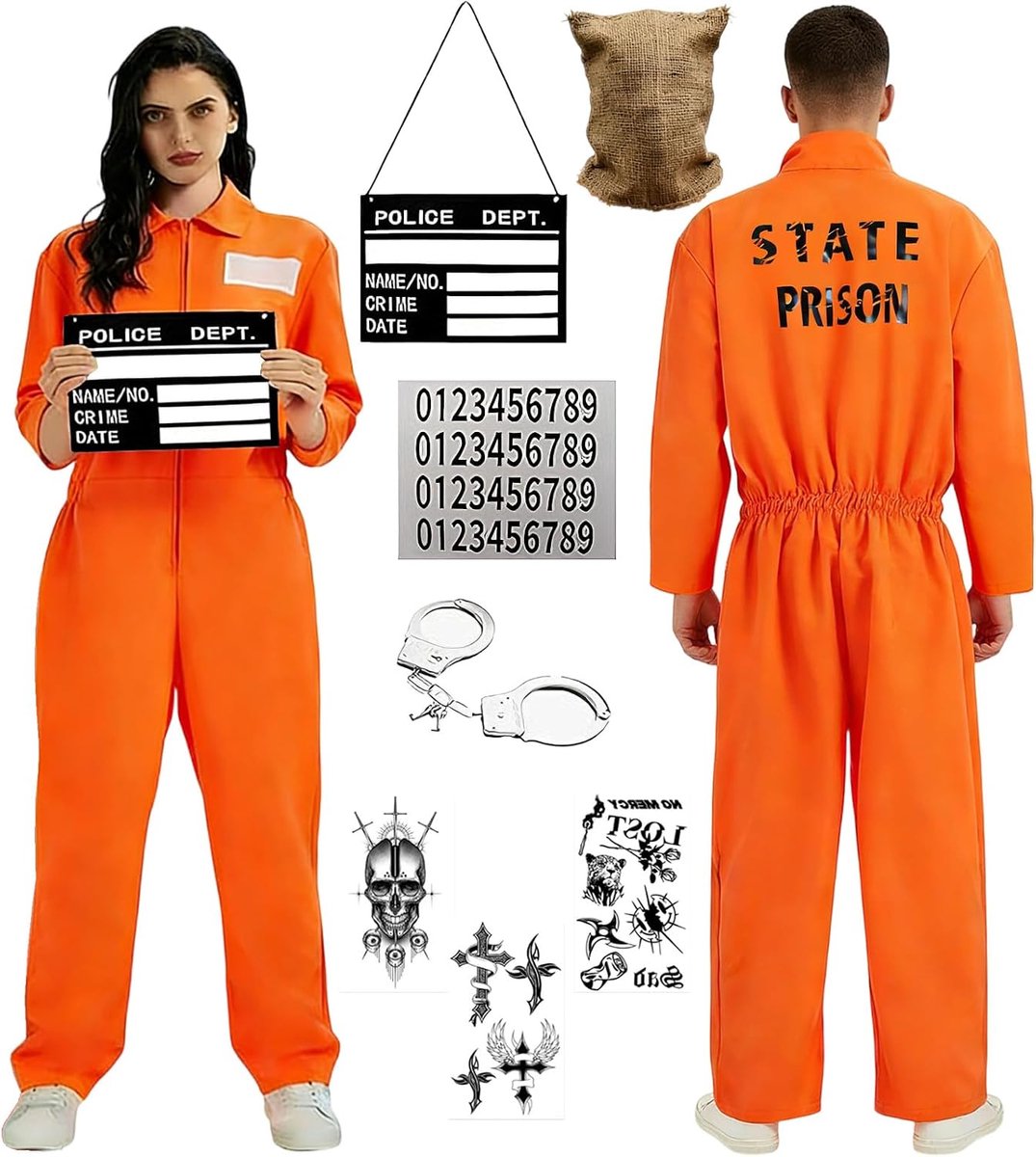 Gevangenenjurk, oranje gevangenenkostuum voor carnaval, Halloween en themafeesten, compleet met overall, identiteitsbord, handboeien en accessoires