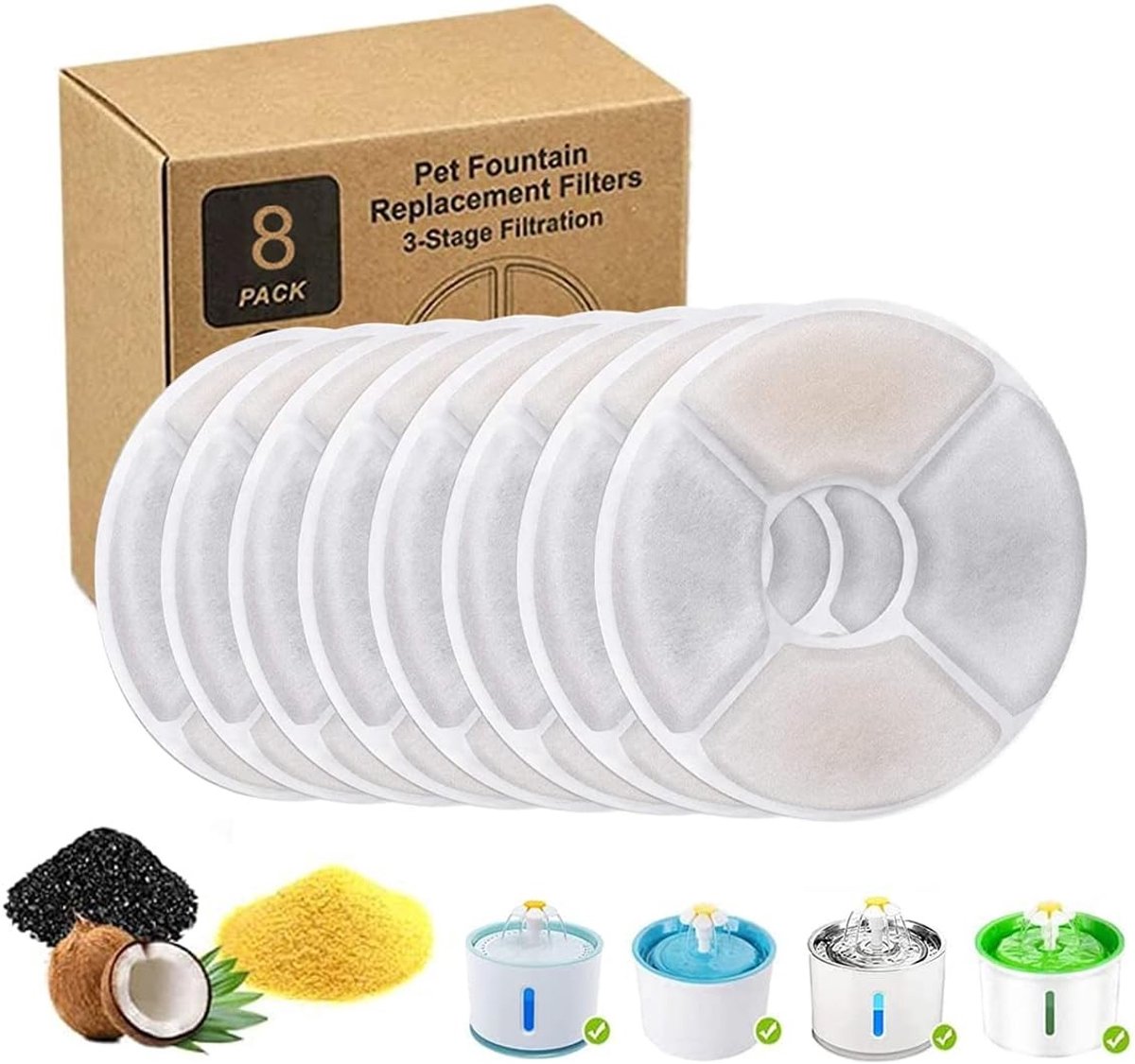 Set van 8 Vervangfilters voor Waterfonteinen met Hars en Geactiveerde Koolstof voor Dieren, Ideaal voor Schone en Verse Drinkwatervoorziening