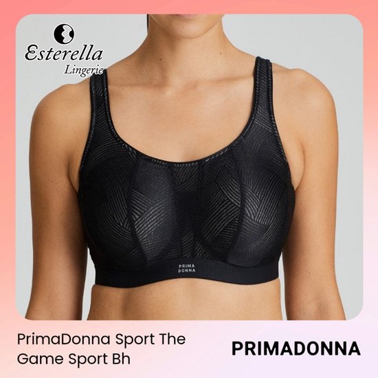 Zwarte PrimaDonna sportbeha met een grafische, reliëfachtige structuur en brede schouderbanden.