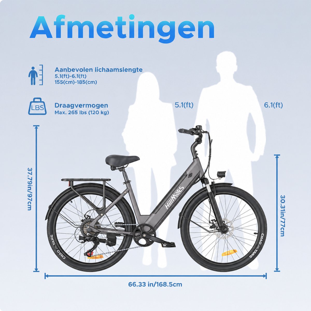 HillMiles MileCity 1 Elektrische fiets, lage instap 44cm, 26 inch stads e-bike voor volwassenen, 25km/u, Shimano 7 versnellingen, 36V13Ah accu, mechanische schijfrem, voorvorkvering, Blauw thumbnail 5