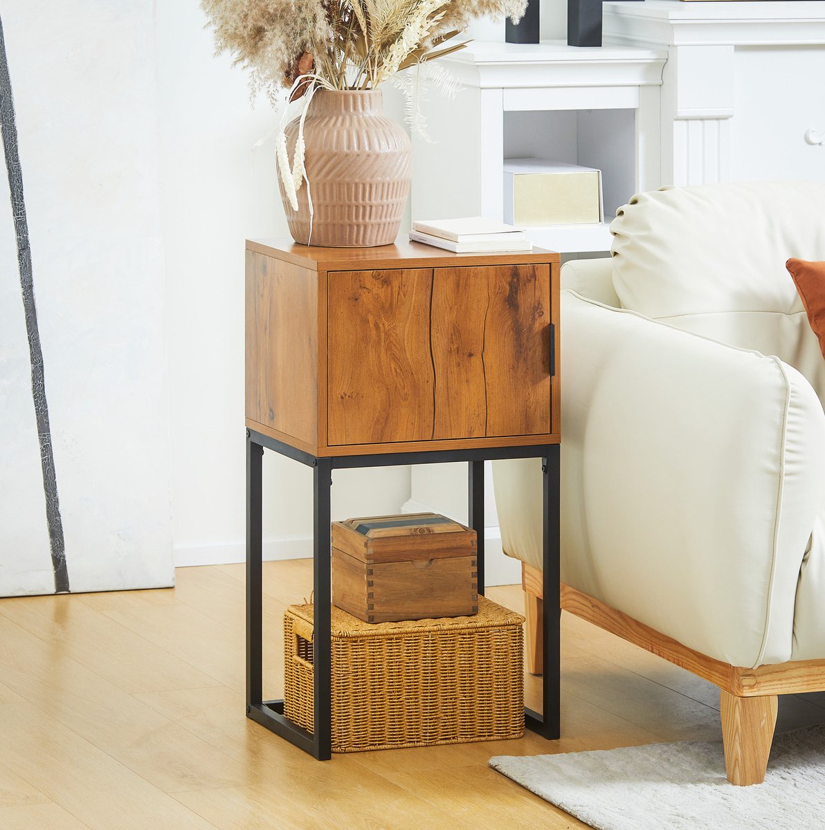 FloraGrace Sidetable - Industrieel Met Opbergkast - Voor Hal Woonkamer En Slaapkamer - Hout En Metaal - 40x30x76 Cm - Naturel Natuurlijk hout