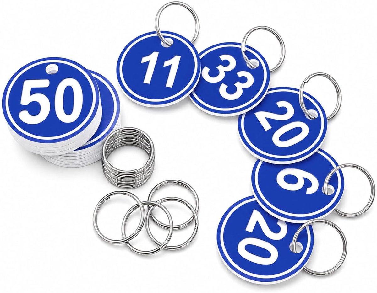 20 Sleutellabels met Ring Genummerd 1-20 Blauw ABS