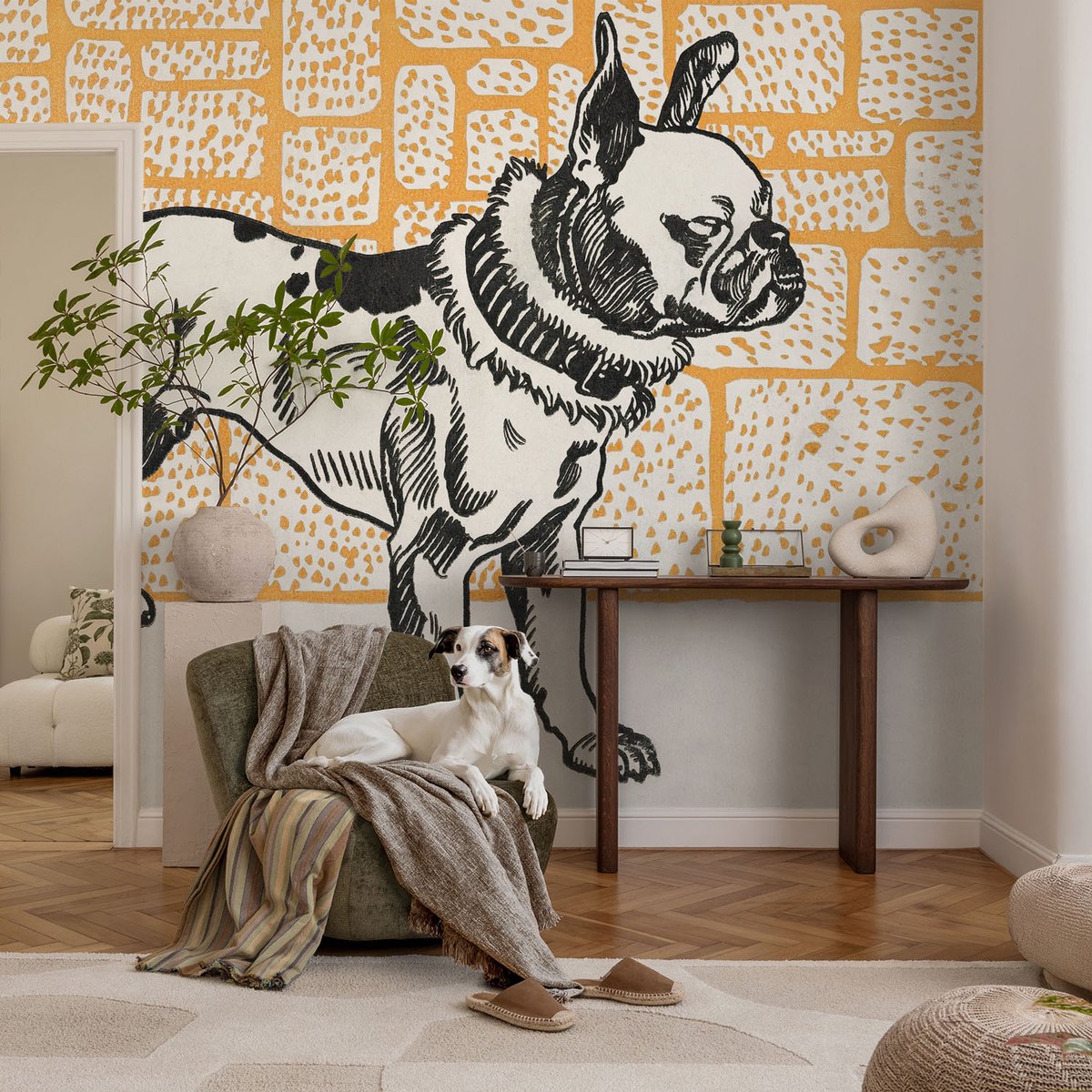 Coloray Vliesbehang - Wit Snellijm Behang - 104x70 cm - Retro Hond Muurschildering - Gang behang Dieren - Fotobehang Vlies - Slaapkamer behang