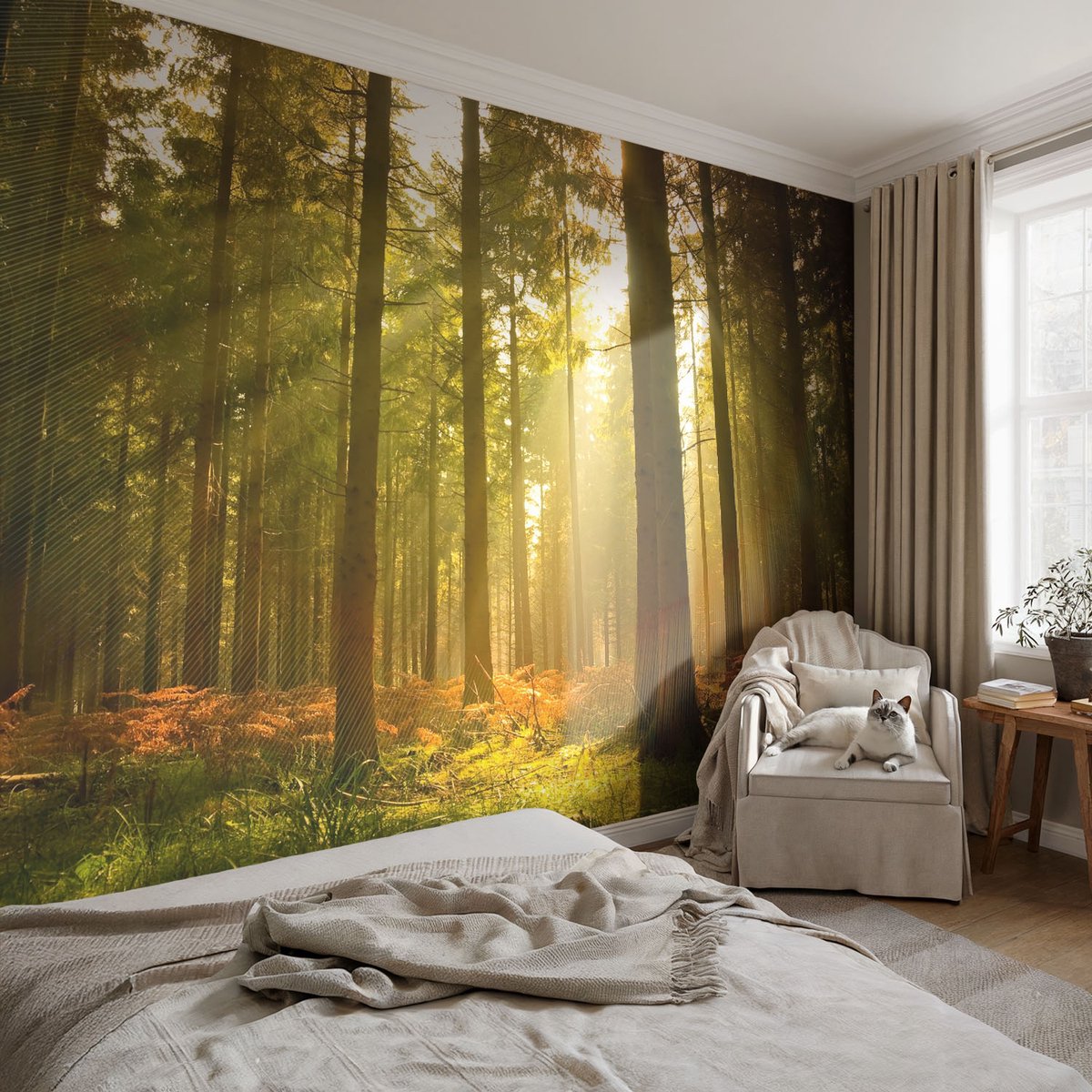 Coloray Vliesbehang - Groente Snellijm Behang - 104x70 cm - Bosochtend Fotobehang Vlies - Woonkamer behang Landschappen - Muurschildering - Woonkamer behang