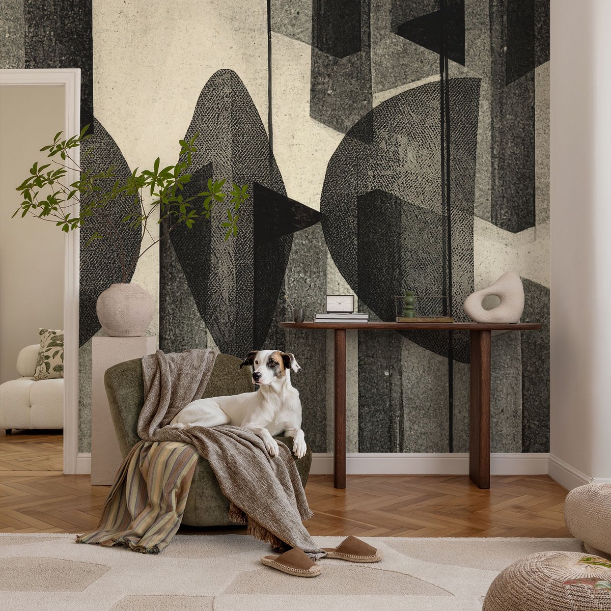 Coloray Vliesbehang - Zwart Snellijm Behang - 104x70 cm - Geometrische Vormen Muurschildering - Gang behang Abstractie - Fotobehang Vlies - Slaapkamer behang