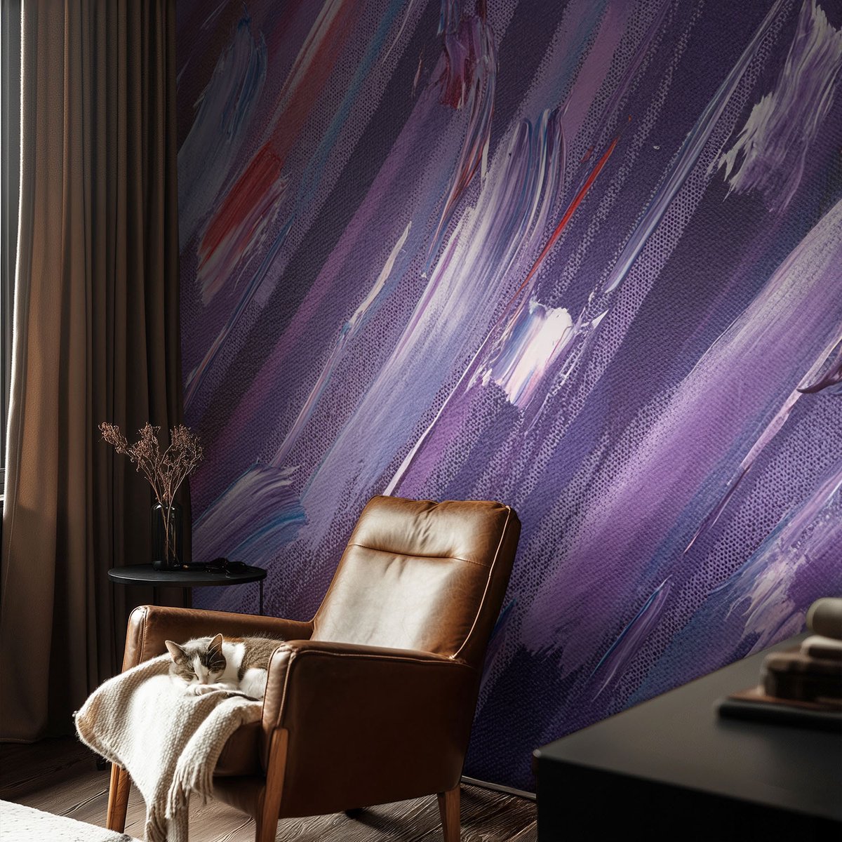 Coloray Vliesbehang - Paars Snellijm Behang - 104x70 cm - Kleurrijke Penseelstreken Muurschildering - Slaapkamer behang Abstractie - Fotobehang Vlies - Slaapkamer behang