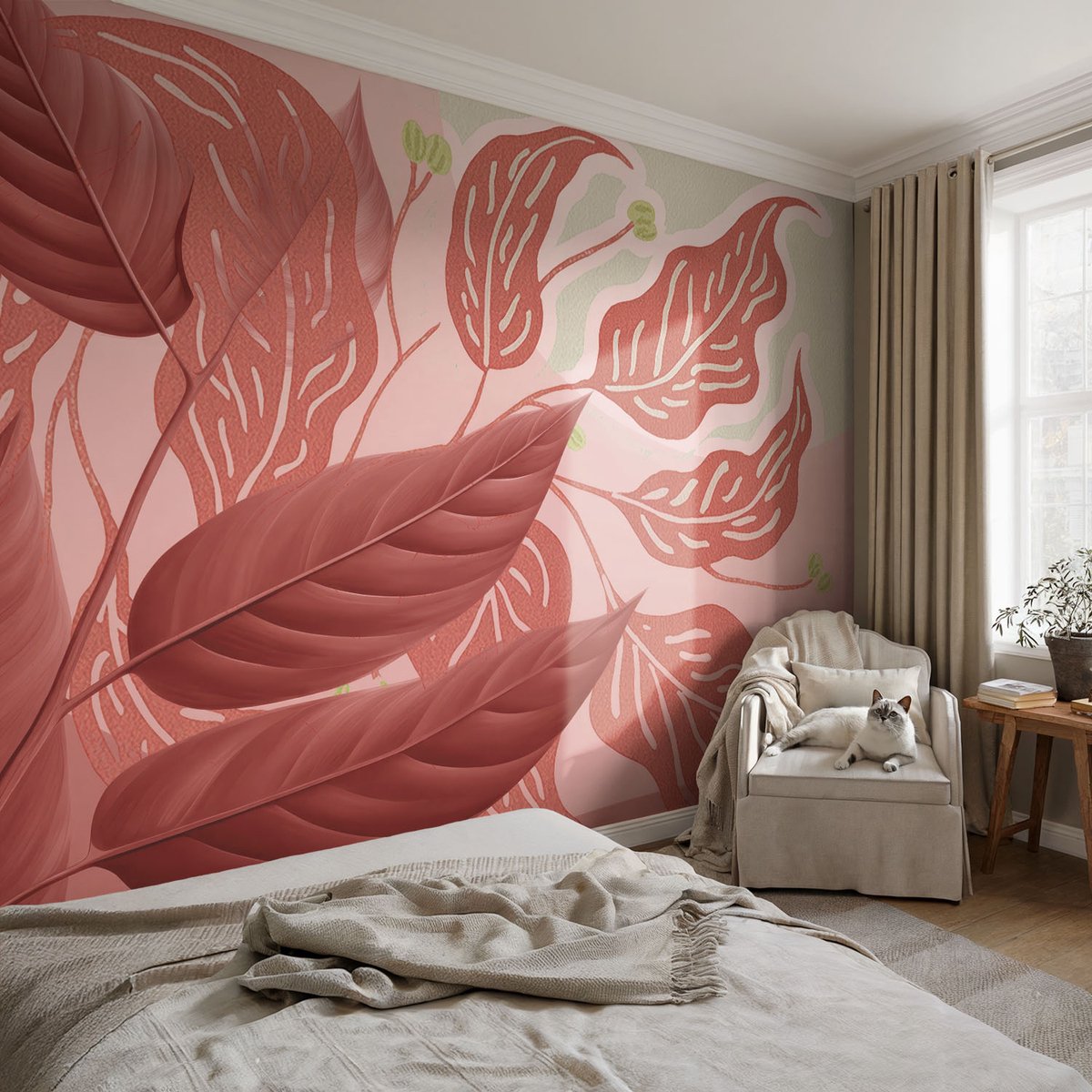 Coloray Vliesbehang - Rood Snellijm Behang - 104x70 cm - Biologische Bladeren Fotobehang Vlies - Woonkamer behang Bloemen En Planten - Muurschildering - Woonkamer behang