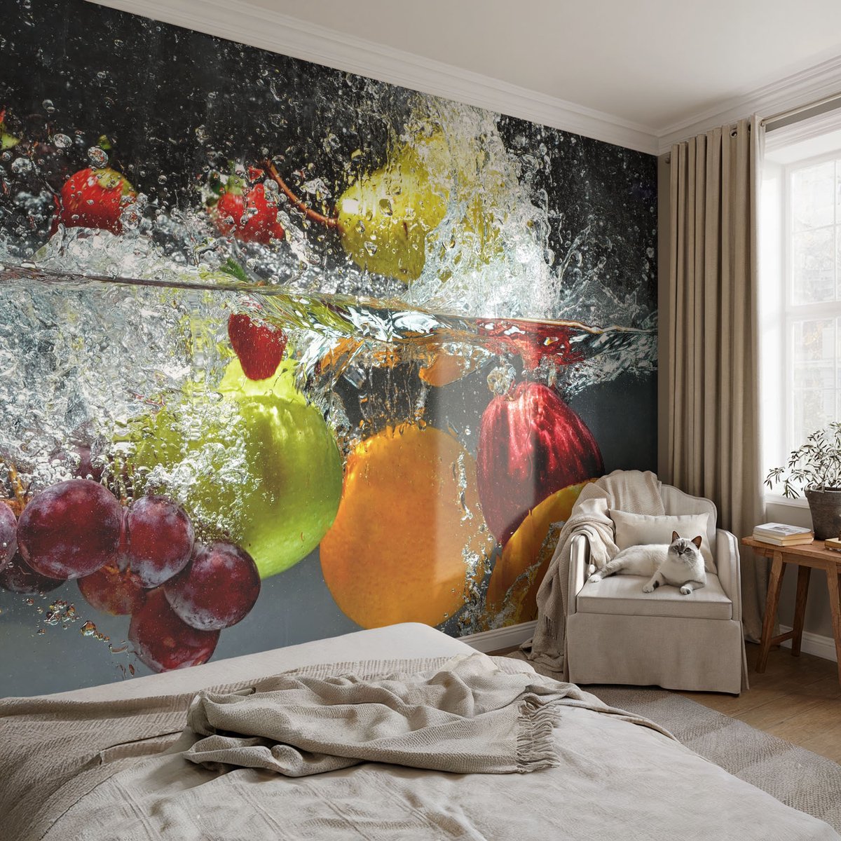 Coloray Vliesbehang - Grijs Snellijm Behang - 104x70 cm - Fruit In Water Muurschildering - Slaapkamer behang Voedsel - Fotobehang Vlies - Gang behang