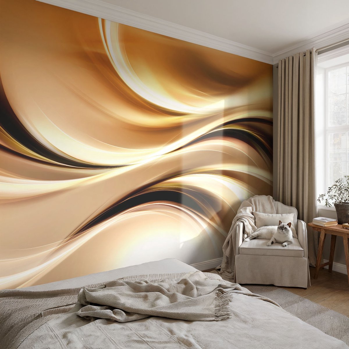 Coloray Vliesbehang - Beige Snellijm Behang - 104x70 cm - Vloeistofleidingen Muurschildering - Slaapkamer behang Abstractie - Fotobehang Vlies - Slaapkamer behang
