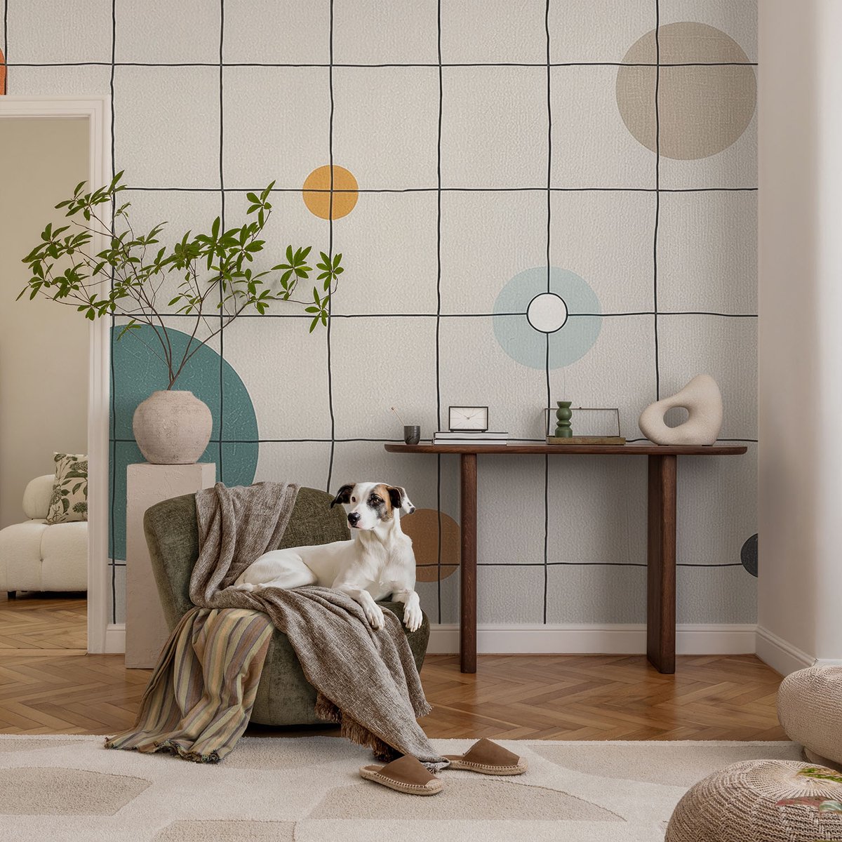Coloray Vliesbehang - Wit Snellijm Behang - 104x70 cm - Gekleurde Cirkels Fotobehang Vlies - Hal behang Abstractie - Muurschildering - Hal behang