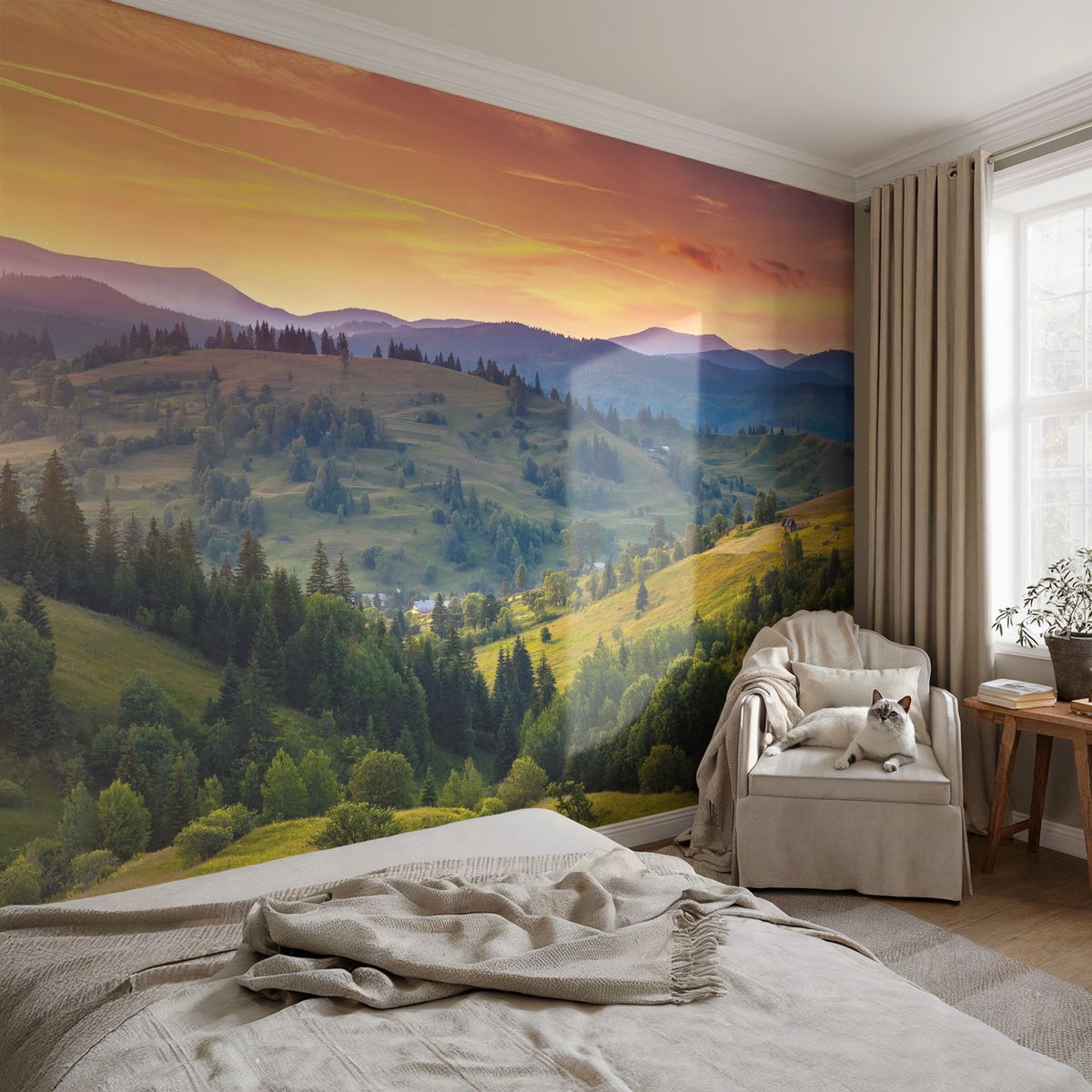 Coloray Vliesbehang - Geel Snellijm Behang - 104x70 cm - Berglandschap Muurschildering - Slaapkamer behang Landschappen - Fotobehang Vlies - Gang behang