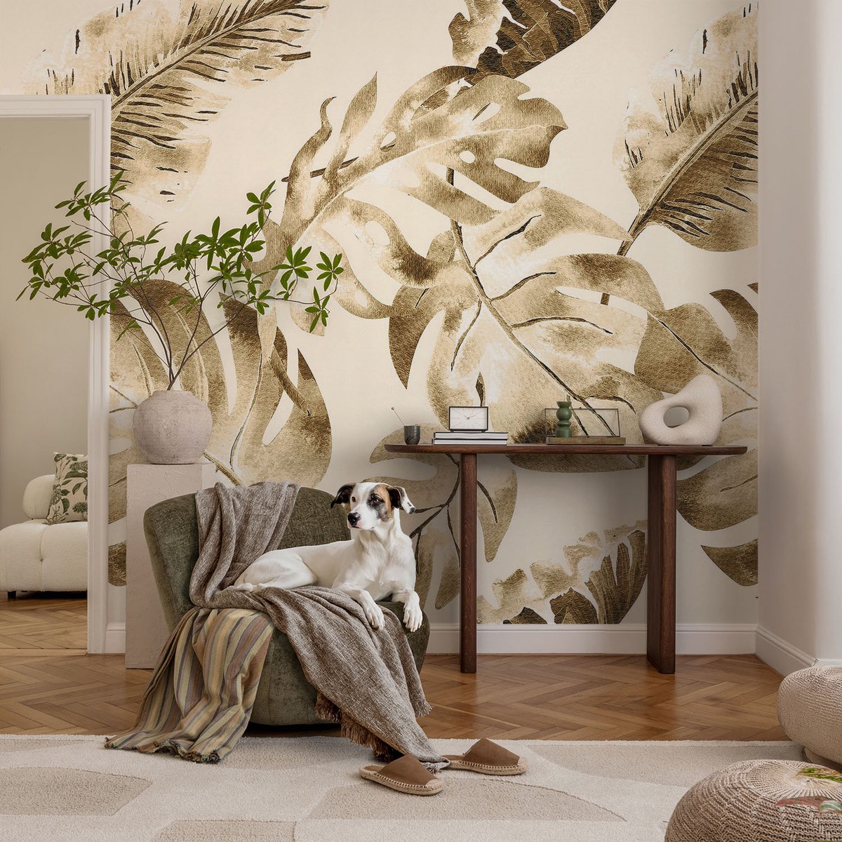 Coloray Vliesbehang - Beige Snellijm Behang - 104x70 cm - Exotische Flora Fotobehang Vlies - Hal behang Bloemen En Planten - Muurschildering - Woonkamer behang