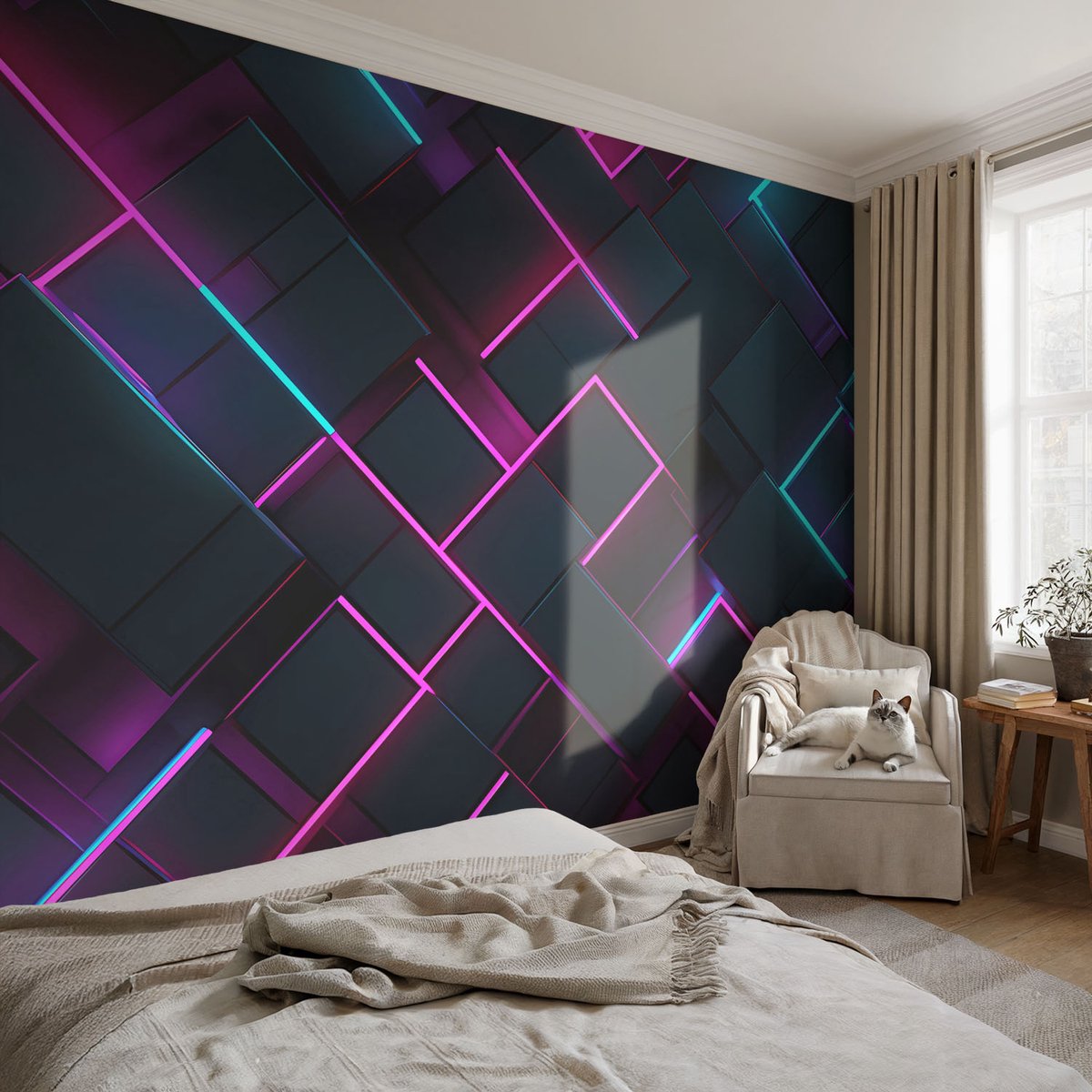 Coloray Vliesbehang - Marine Snellijm Behang - 104x70 cm - Neon Geometrie Fotobehang Vlies - Hal behang Abstractie - Muurschildering - Hal behang