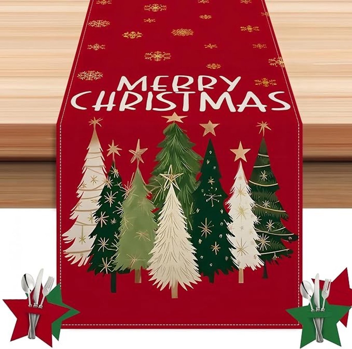 Livatto Kerst Tafelloper 183 x 33 cm met 4 Vilt Ster Bestekhouders - Merry Christmas Tafeldecoratie