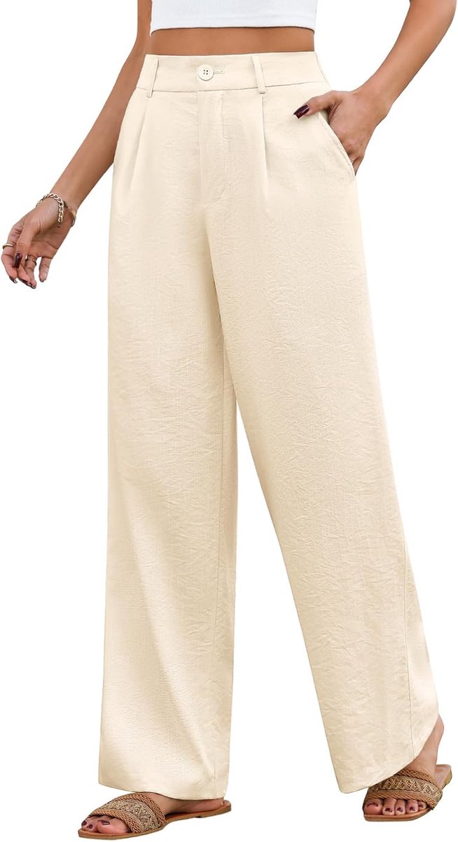 zomer, hoge taille, wijde pijpen, damesbroek, lichtgewicht, elegant, losse palazzobroek met zakken, casual bodems