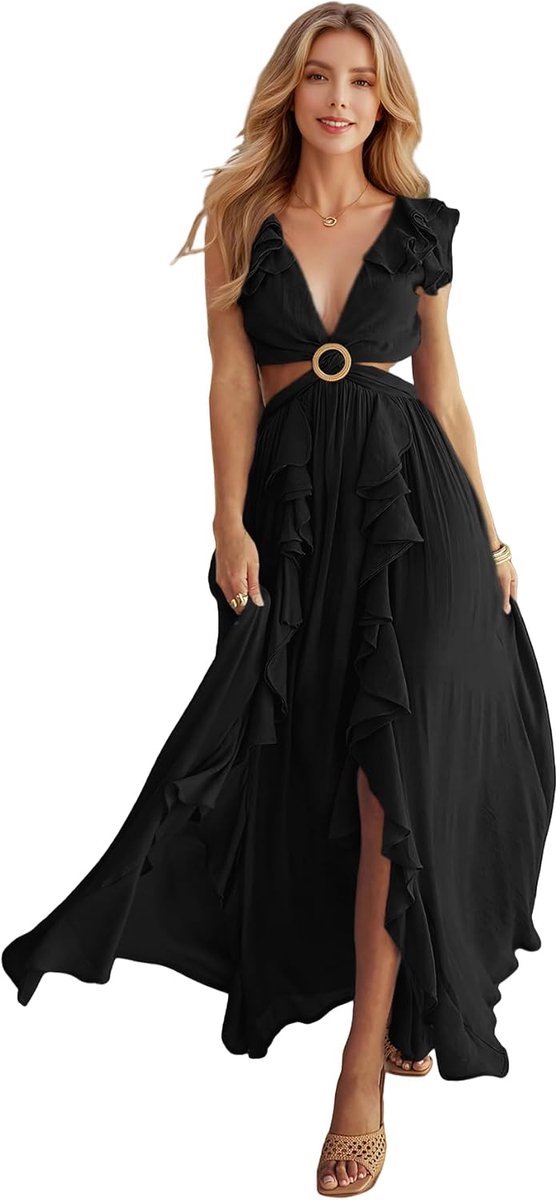 Zomerjurk voor dames, mouwloze zomerjurk, boho, V-hals, sexy, rugvrij, maxi-jurk, clubwear, clubwear