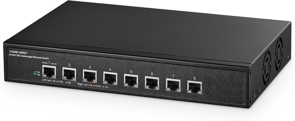 8-poort 10 Gigabit onbeheerde schakelaar, 8x10G RJ45 Ethernet, ondersteuning 1G/2.5G/5G/10G, 160Gbps bandbreedte, metalen desktop|Rackmount netwerkswitch