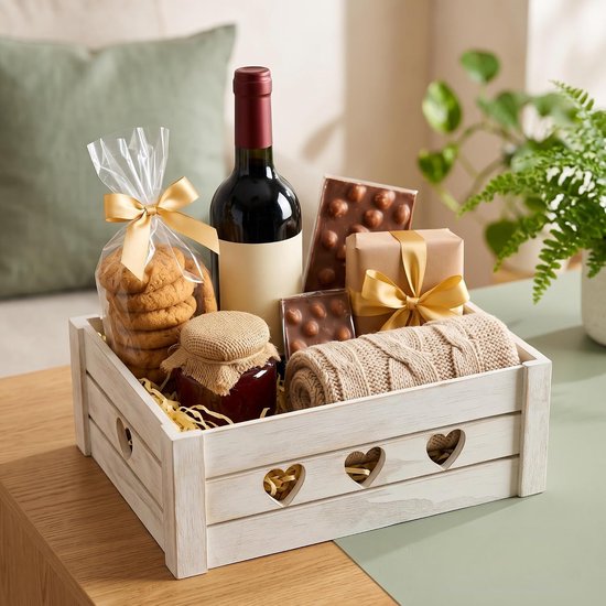 Kist met hartpatroon, 30 x 20 x 12 cm, houten kist zonder deksel, wit gekalkt, decoratieve houten kist, vintage geschenkkist voor documenten, waardevolle spullen en gereedschap — afbeelding 5